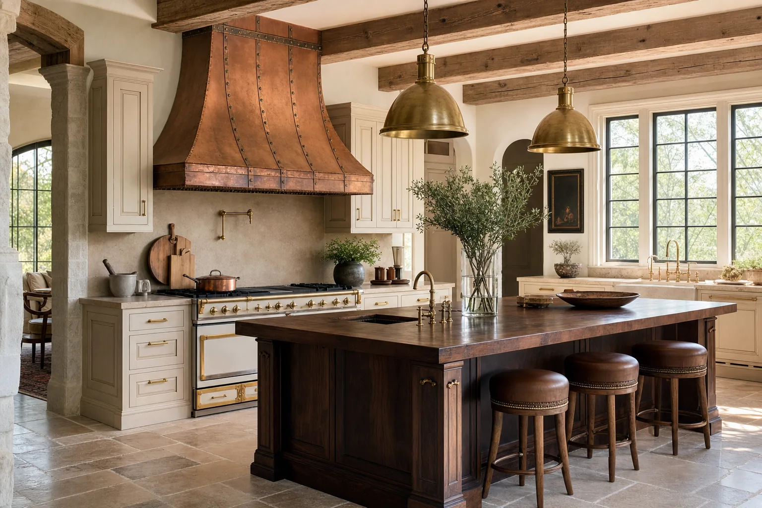 Copper hood in a warm traditional kitchen